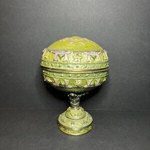 VTG Rue Moliere Green Enamel Metal Floral Egg Shaped Music Box - Plays Swan Lake